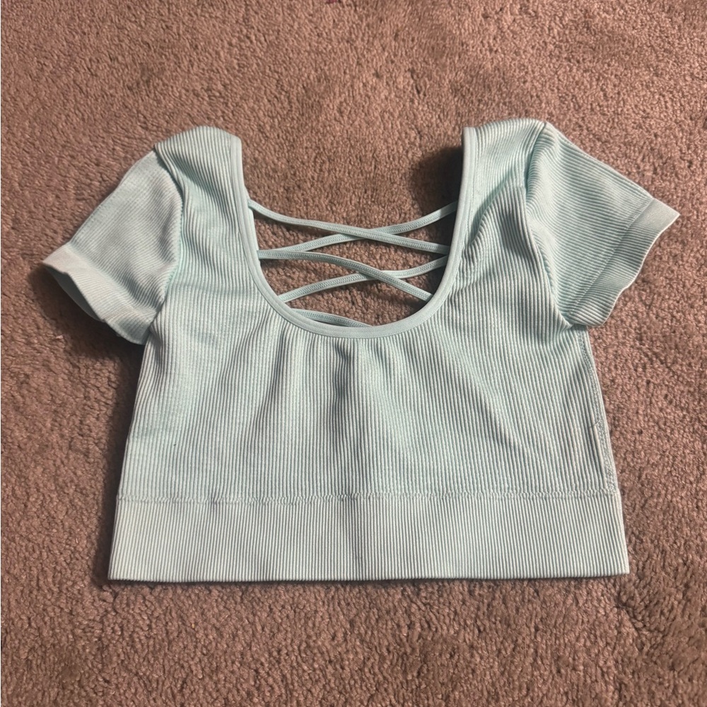 AERIE Light Blue Crisscross Back Cropped Top